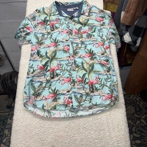 Ron Jon surf shop Men's Flamingo Print Short-Sleeve Shirt Light Blue size XL
